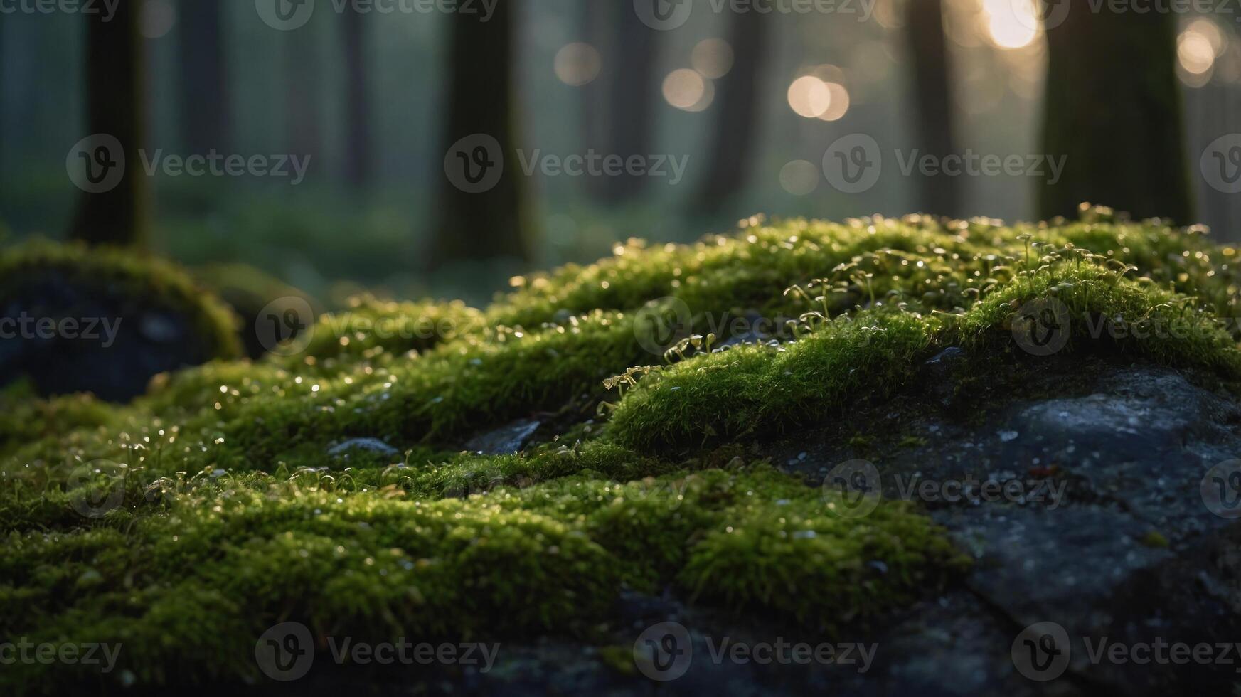 Lush green moss covers rocks in a tranquil forest setting, illuminated by soft sunlight. photo