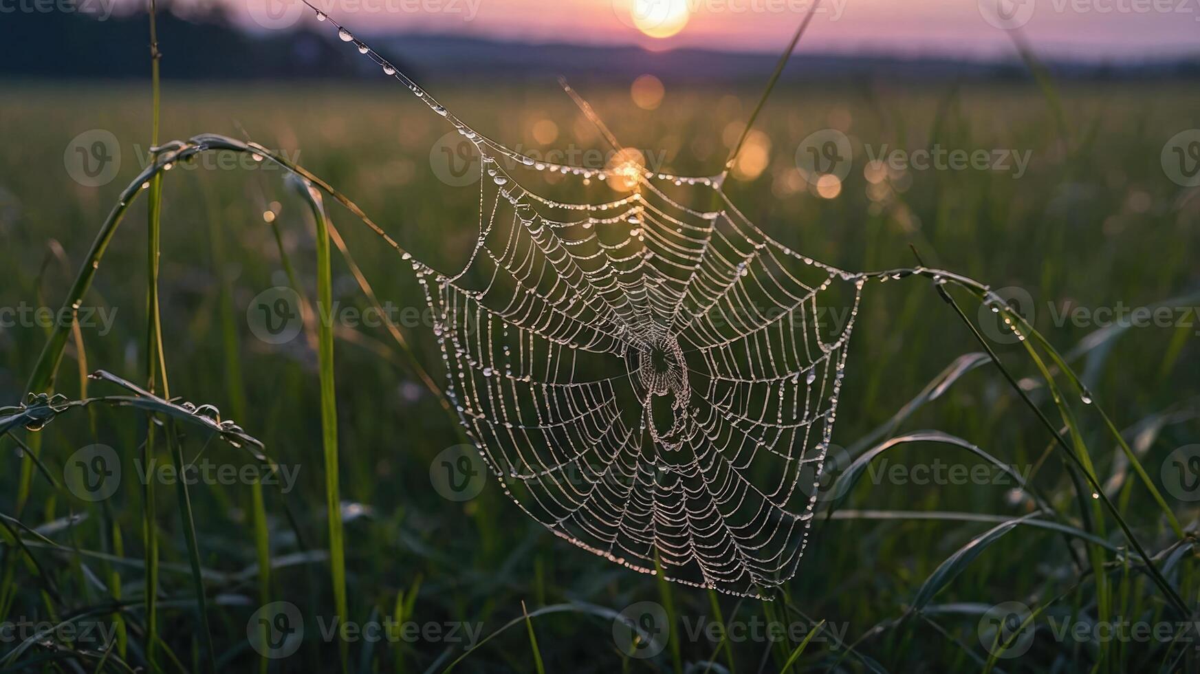 A spider web adorned with dew drops, glistening in the morning light over a grassy field. photo