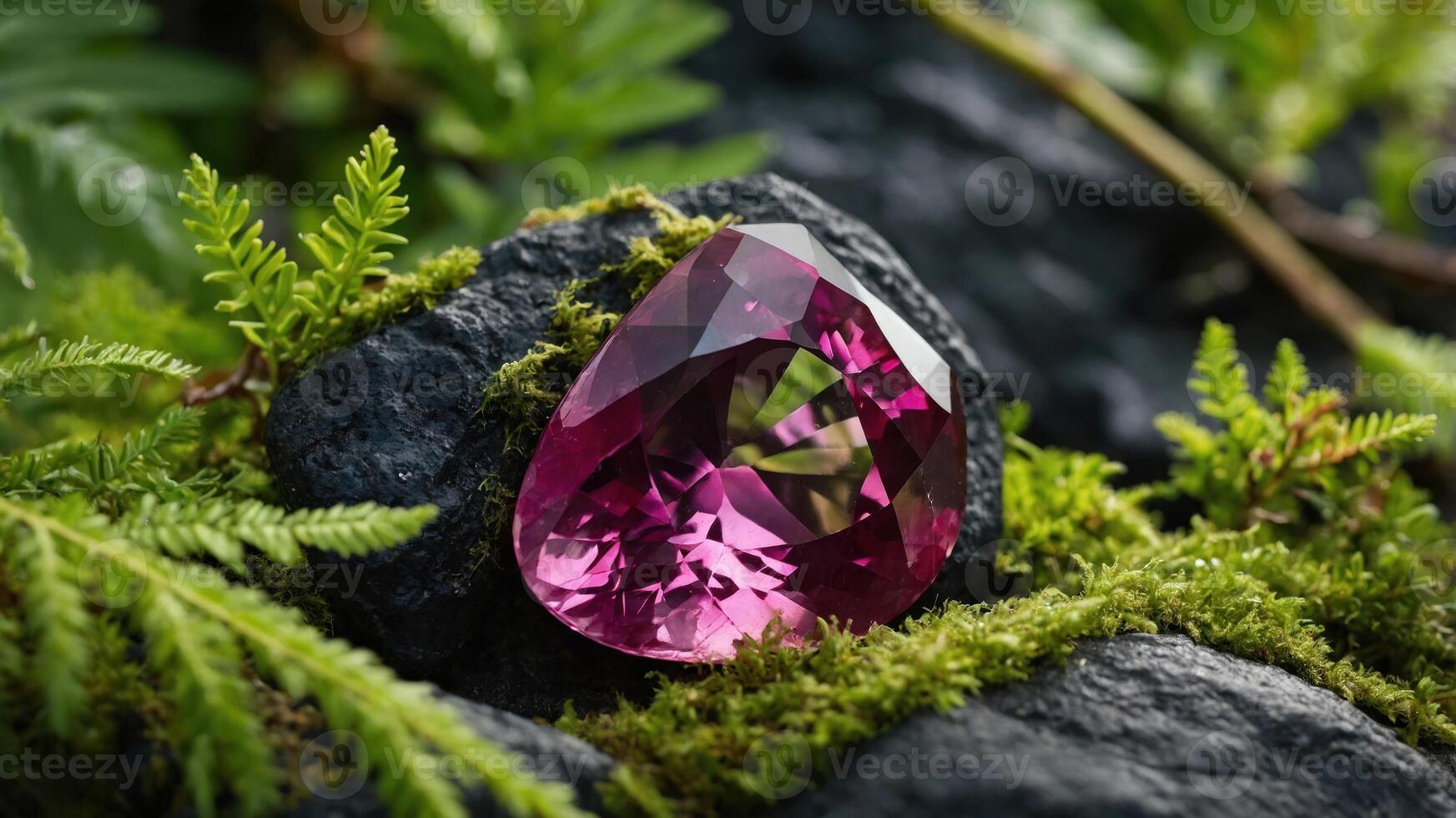 A vibrant pink gemstone resting on a moss-covered rock amidst lush greenery. photo