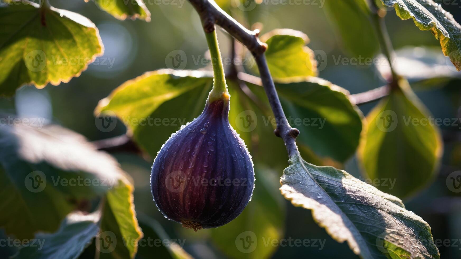 A close-up of a ripe fig hanging from a branch surrounded by green leaves. photo