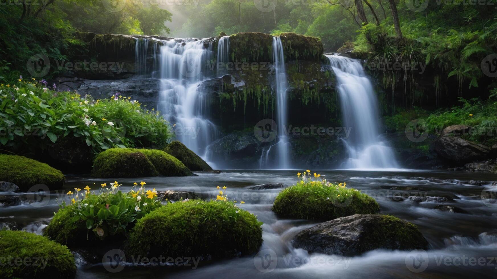 A serene waterfall cascading over rocks, surrounded by lush greenery and vibrant flowers. photo