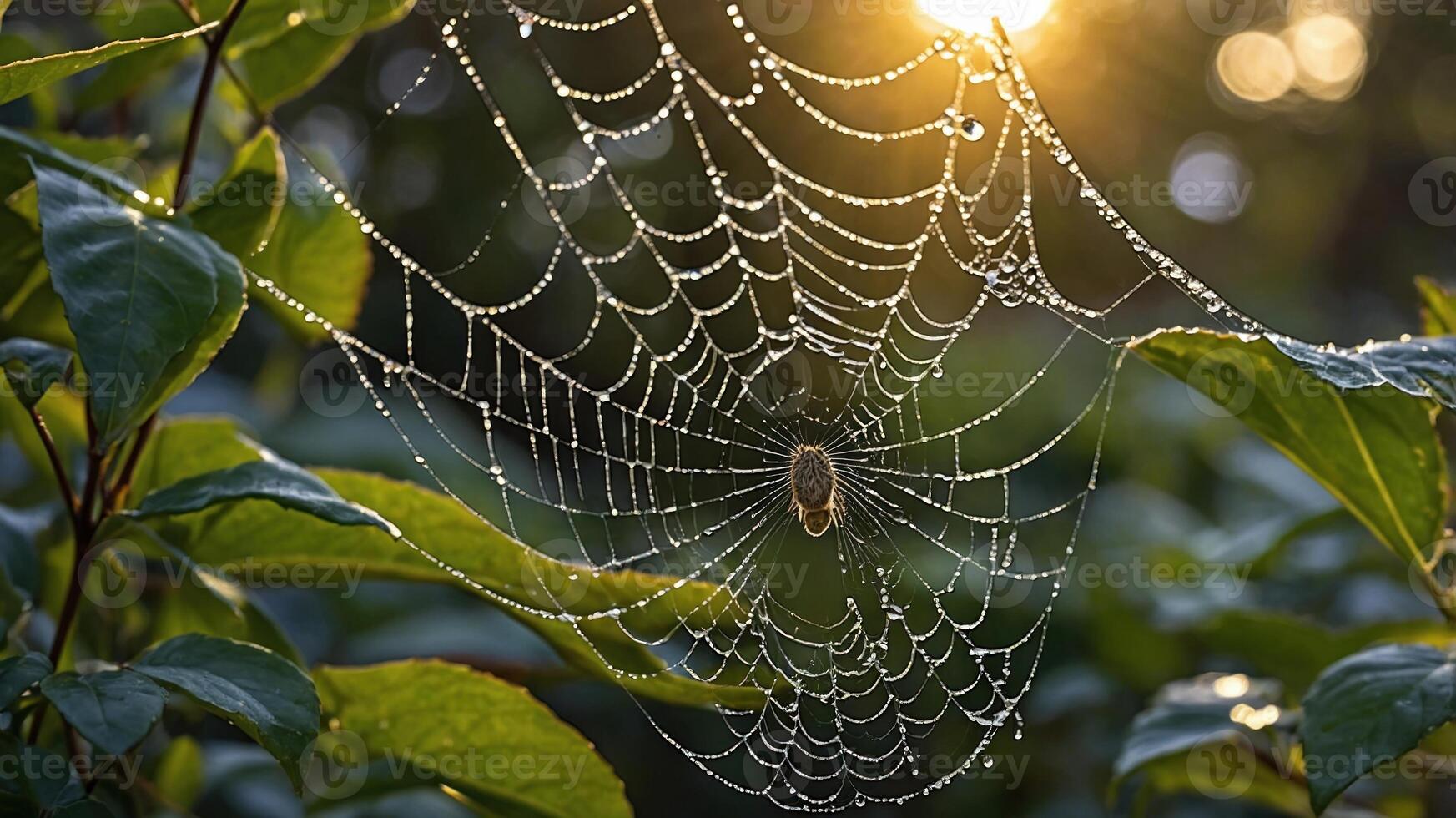 A spider web adorned with dew drops, illuminated by soft sunlight among green leaves. photo