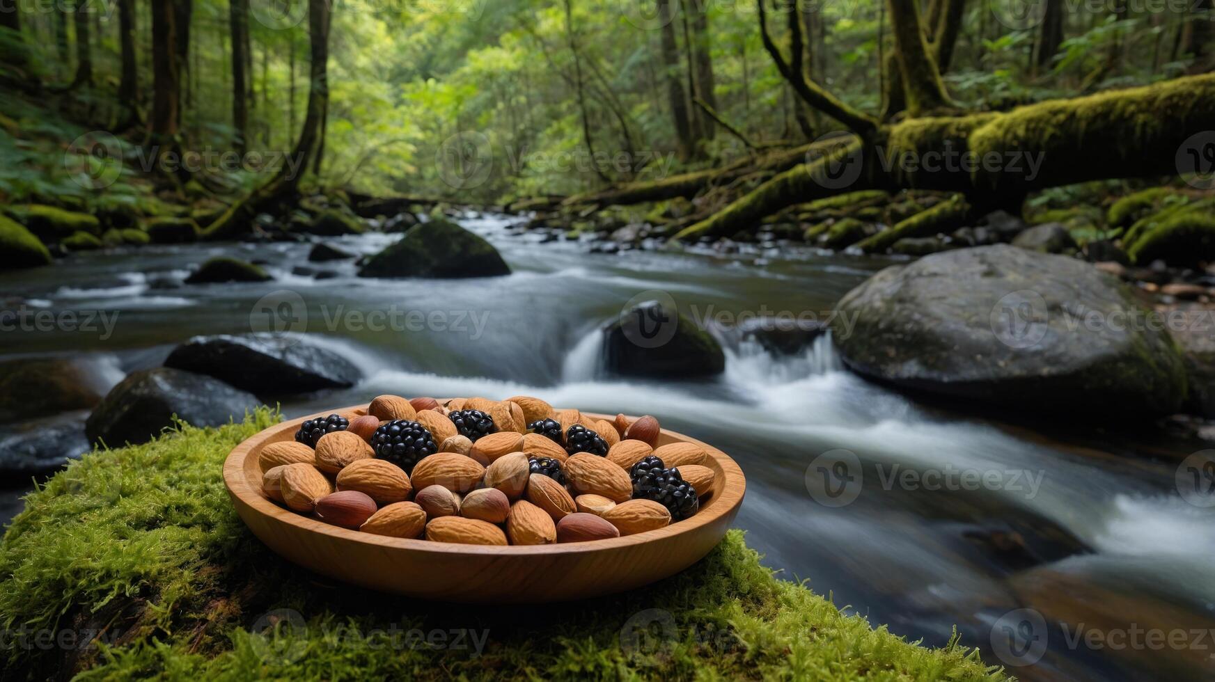 A wooden bowl of nuts and berries rests on moss by a serene forest stream. photo
