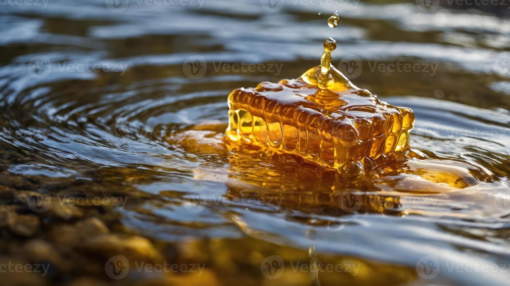 A cube of honey floats on water, creating ripples and reflecting light. photo