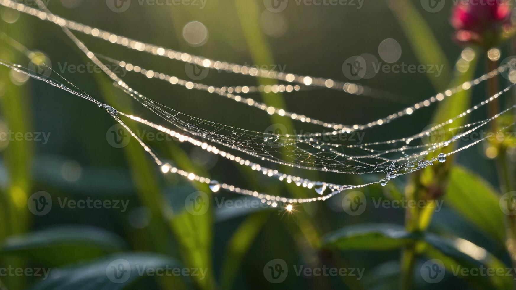 A close-up of a spider web adorned with dew drops in a natural setting. photo