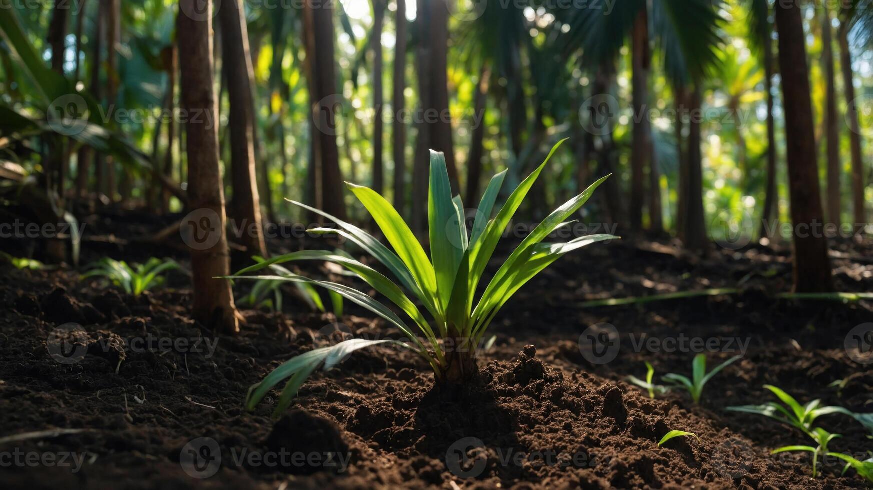 A young plant growing in a lush forest, symbolizing nature and growth. photo