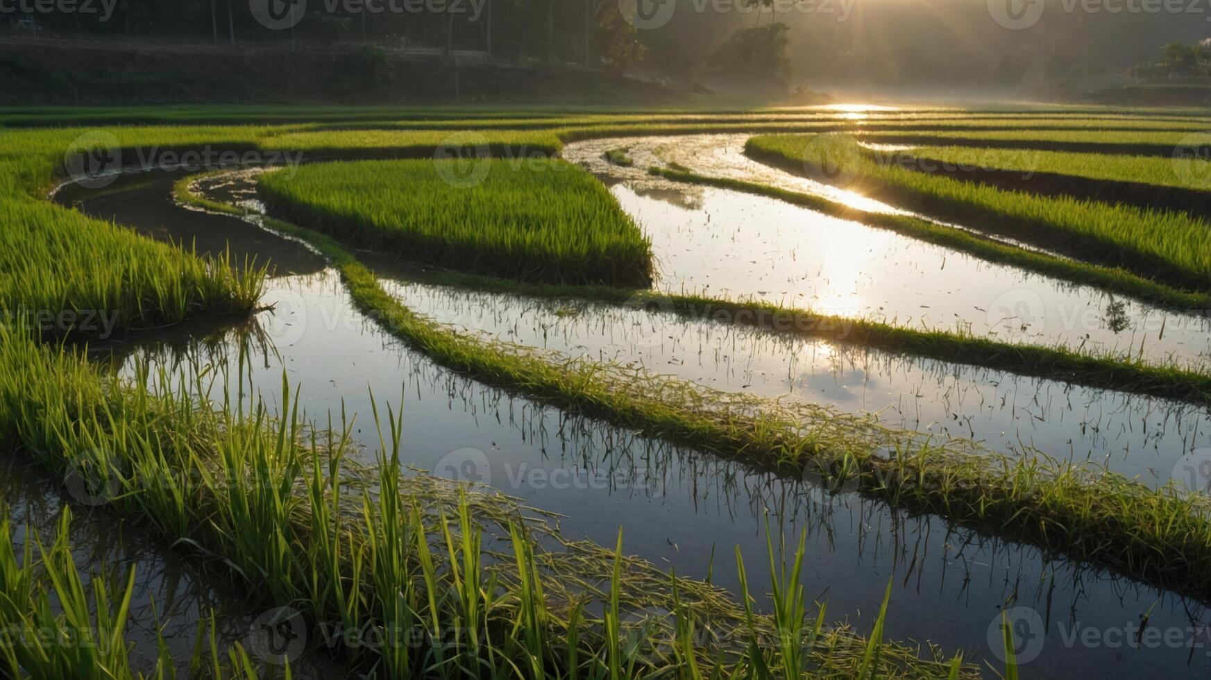 Lush green rice terraces reflecting sunlight in a tranquil landscape. photo