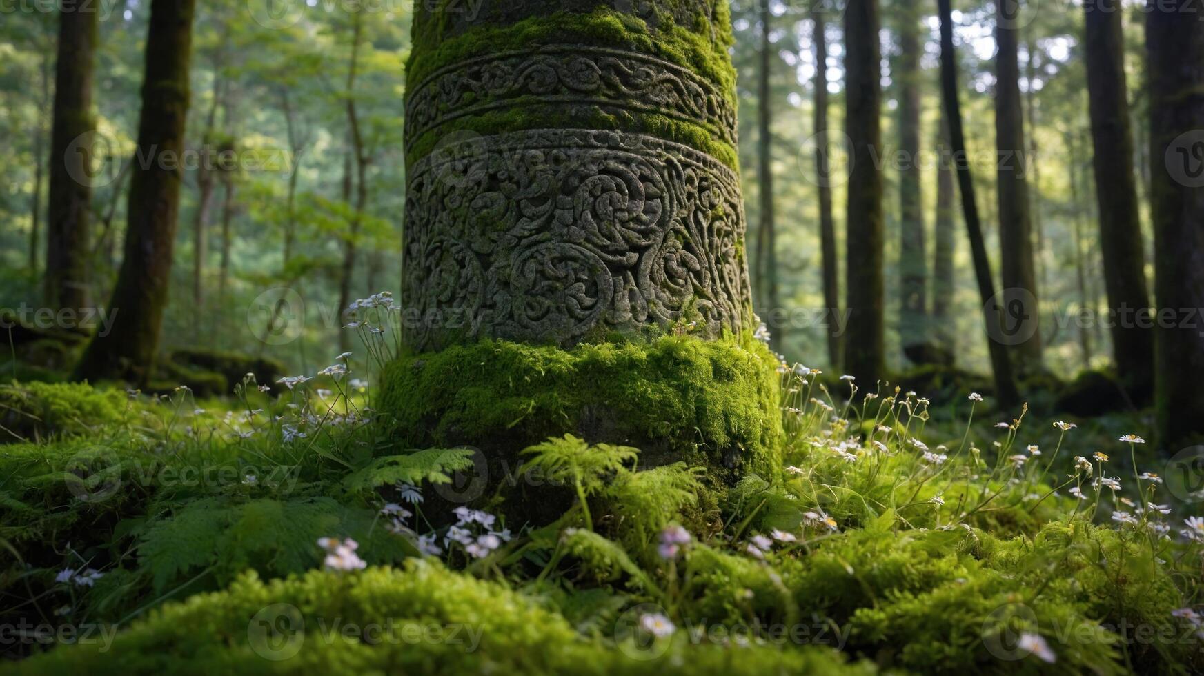 A moss-covered stone pillar adorned with intricate carvings, surrounded by lush forest greenery. photo