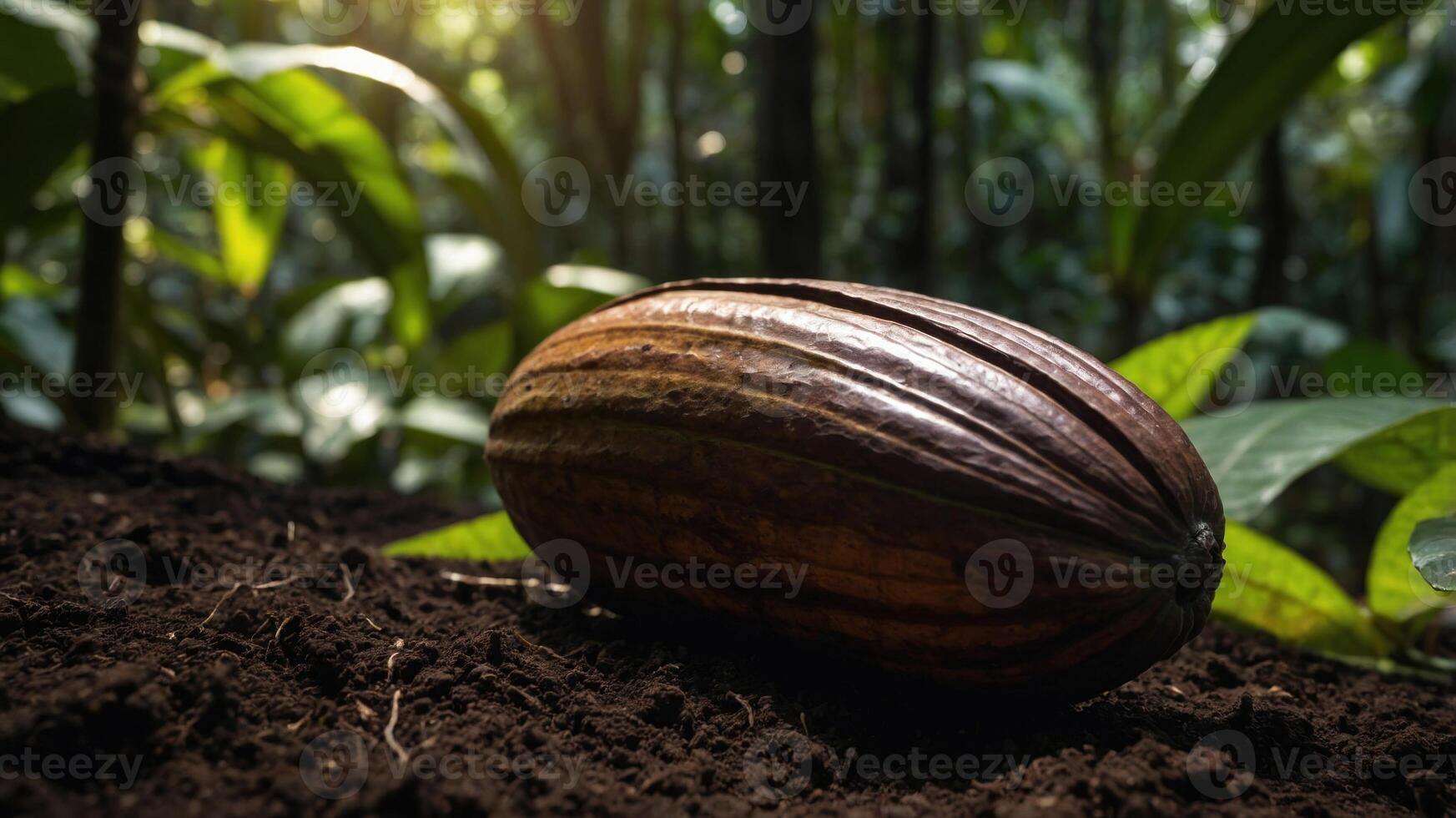 A cocoa pod resting on the soil in a lush rainforest, highlighting chocolate's natural source. photo