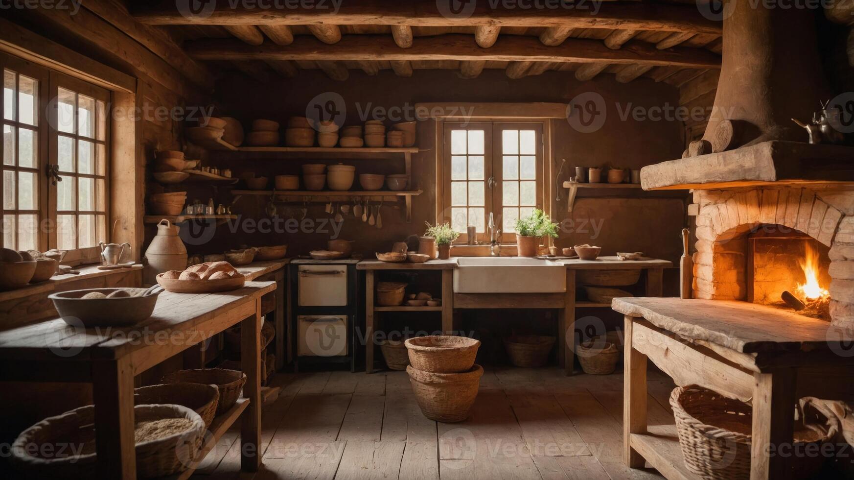 A rustic kitchen with wooden furniture, pottery, and a warm fireplace for cooking and gathering. photo