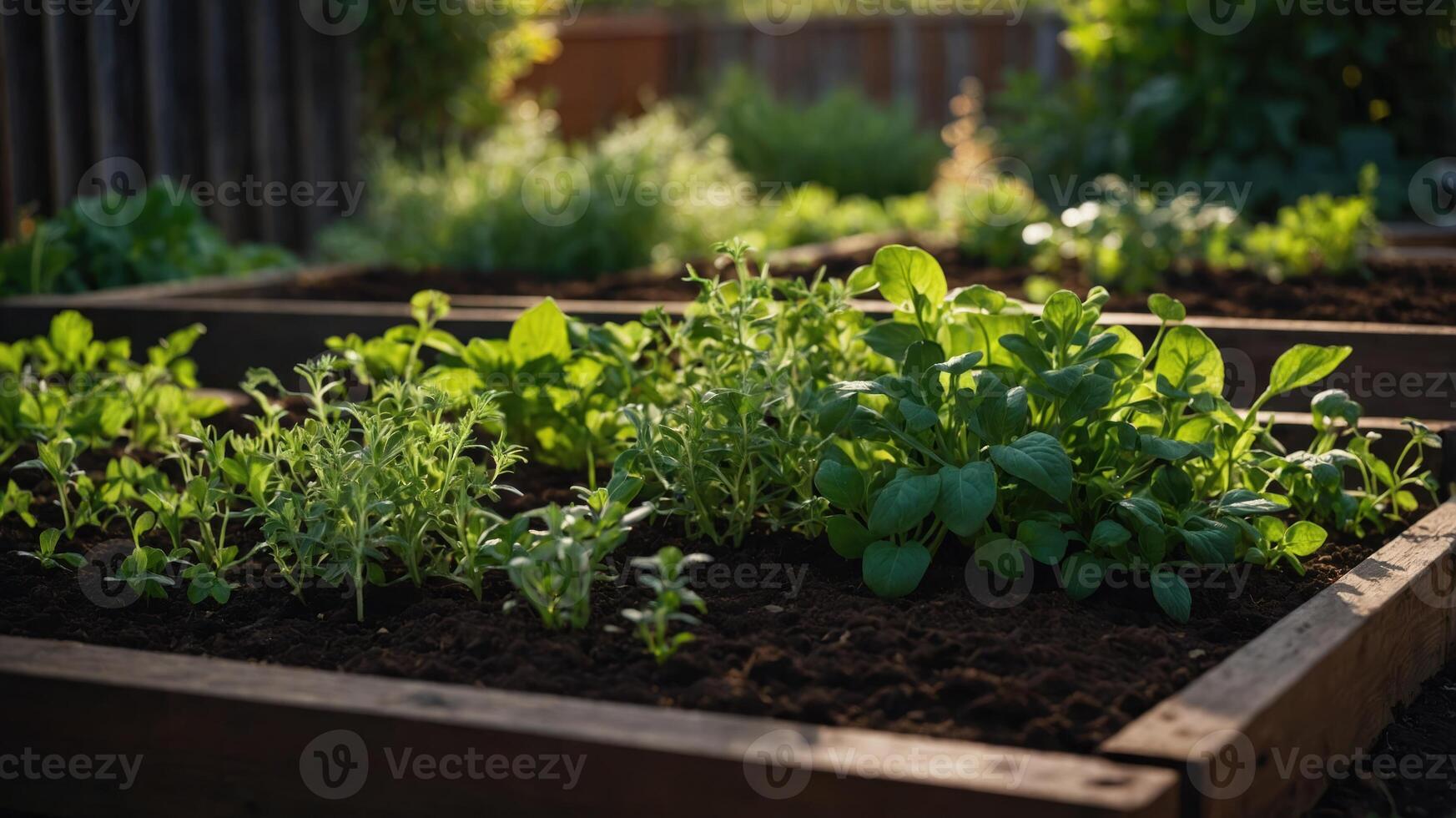 A vibrant garden bed filled with various green plants thriving in sunlight. photo