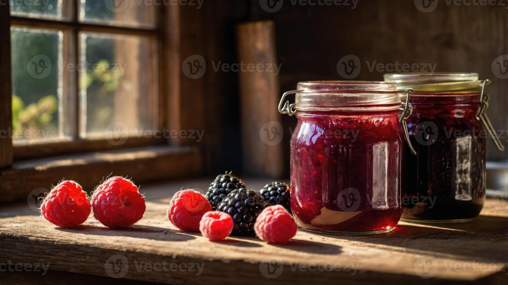 Jars of berry jam beside fresh raspberries and blackberries on a wooden table by a window. photo