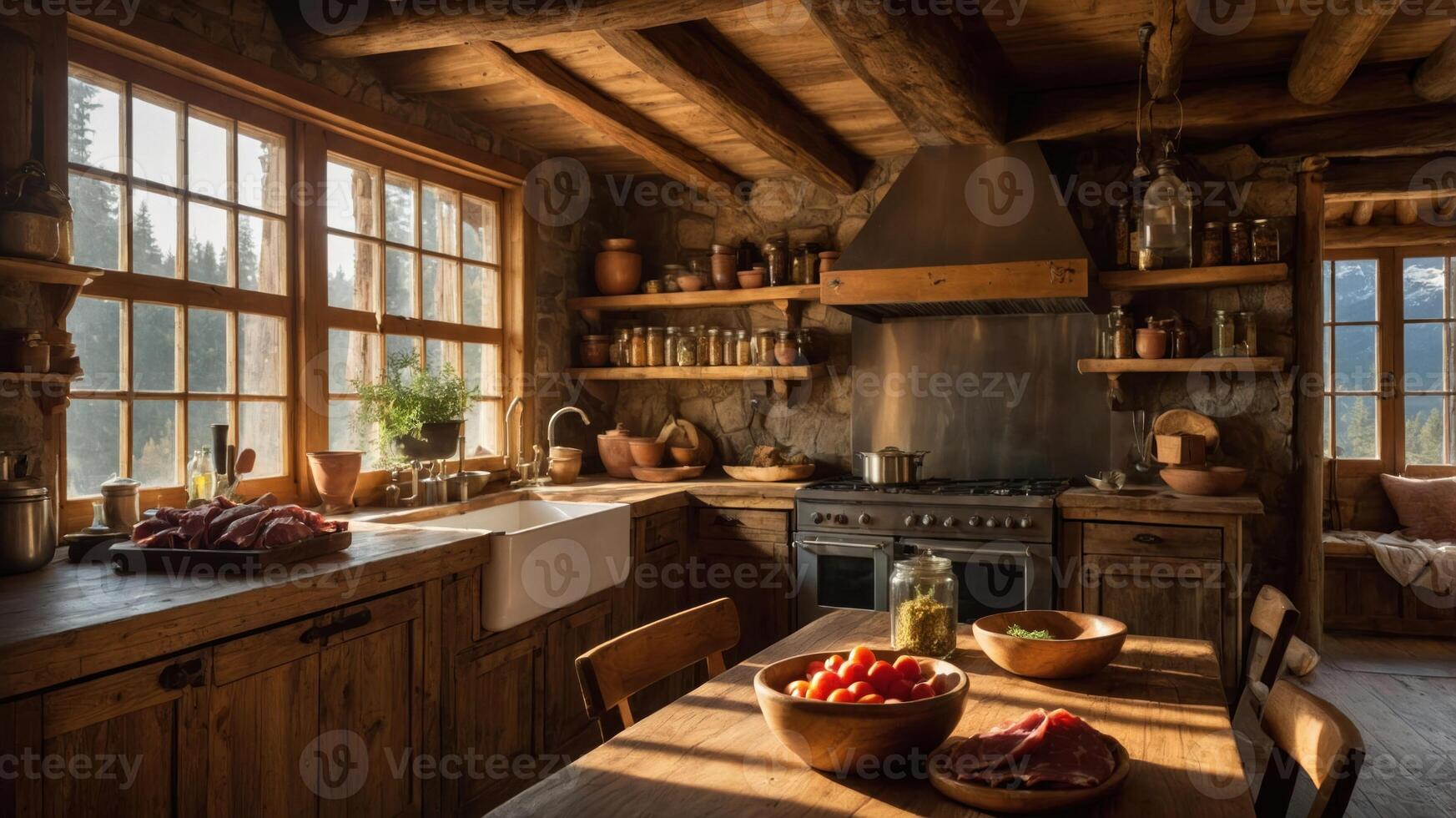 A rustic kitchen with wooden features, natural light, and fresh ingredients for cooking. photo