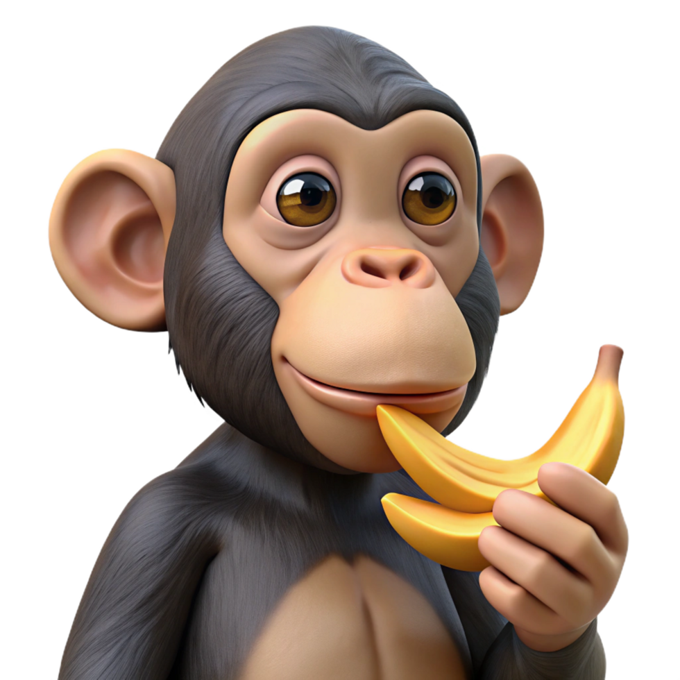 intense wonderful A chimpanzee eating a banana, NO BACKGROUND with Transparent Background. flawless png