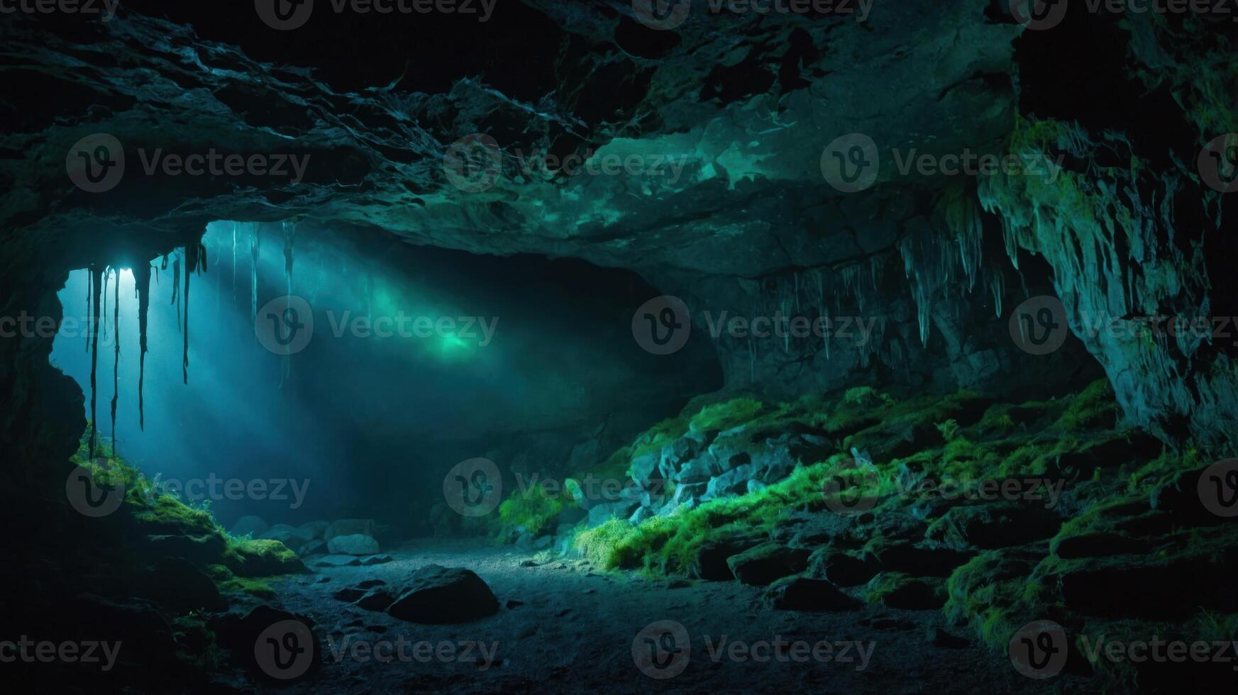 A serene cave illuminated by beams of light, showcasing natural formations and greenery. photo