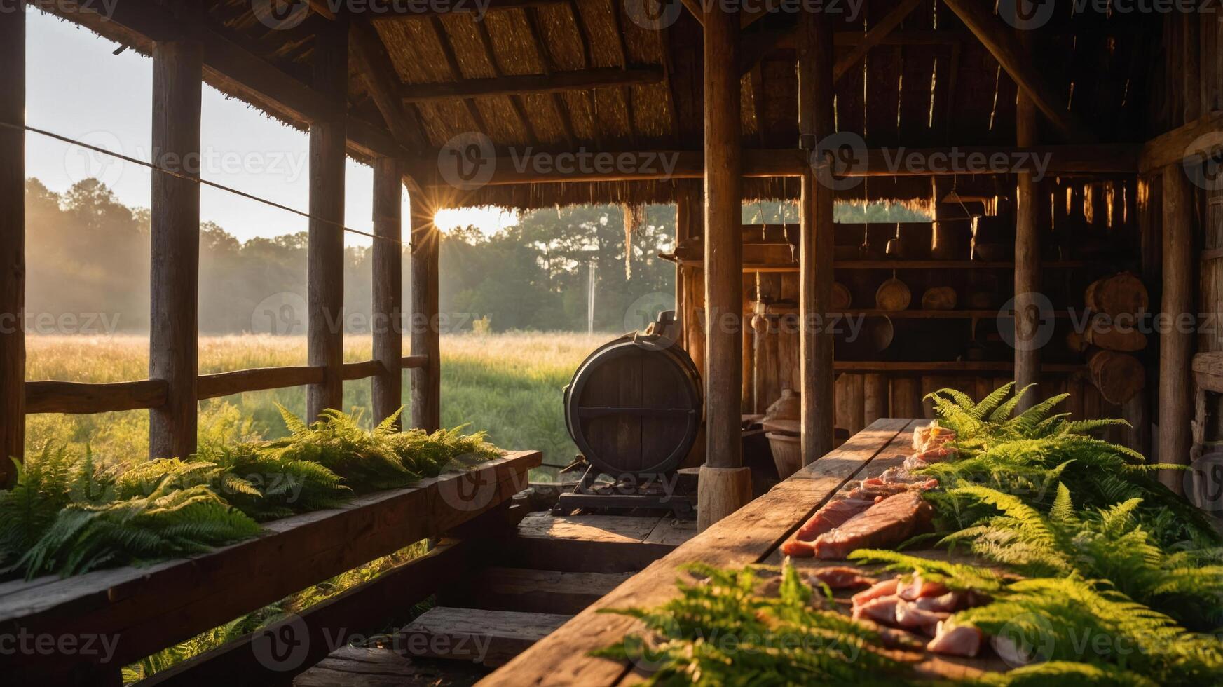 A rustic scene featuring a wooden structure with ferns and cured meats, illuminated by morning light. photo