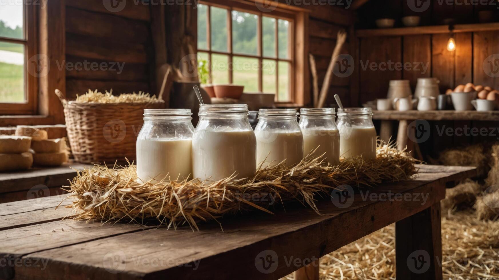 Jars of milk on a wooden table in a rustic barn setting. photo