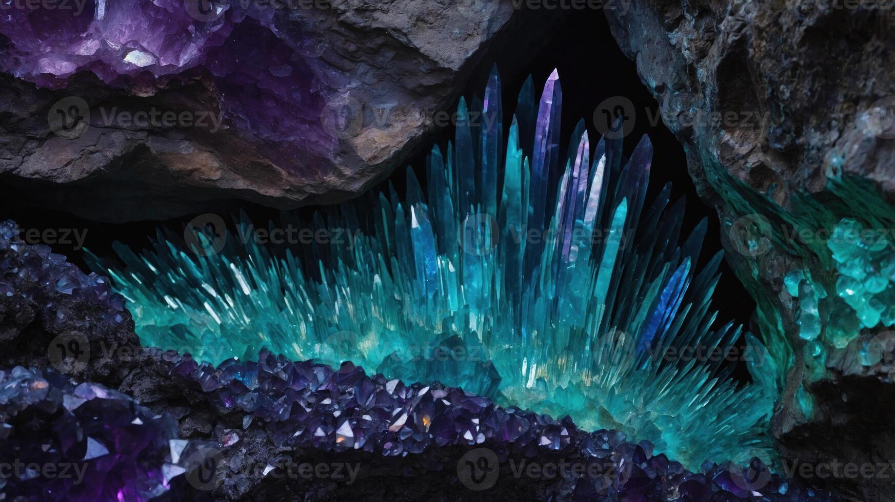 A vibrant display of colorful crystals emerging from rocky formations. photo