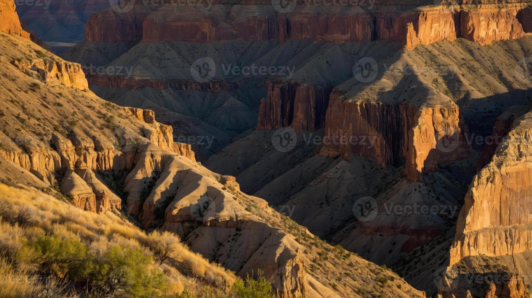 A breathtaking view of rugged canyon landscapes with layered rock formations and shadows. photo