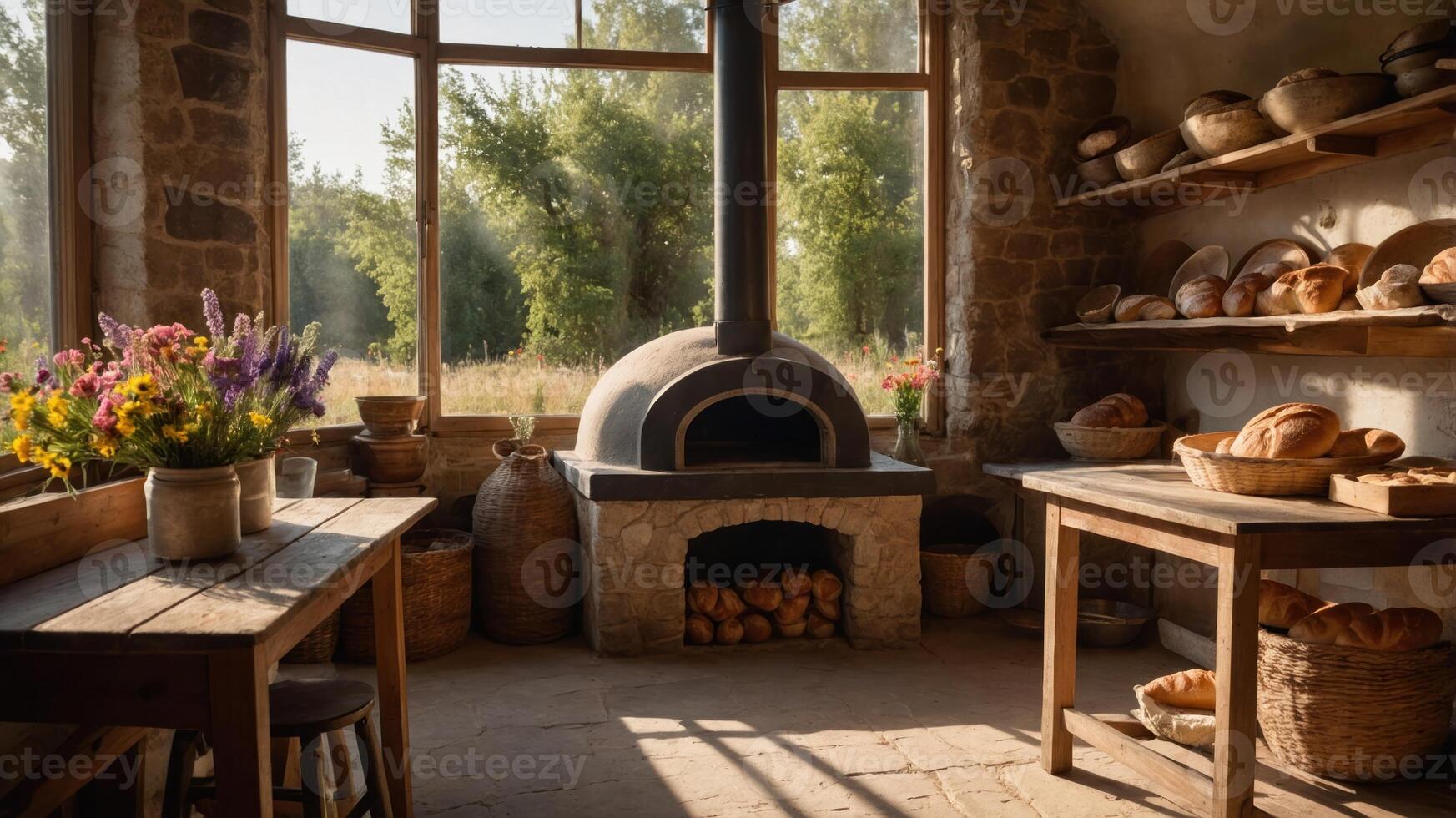 A rustic kitchen with a bread oven, wooden tables, and fresh flowers, creating a warm atmosphere. photo
