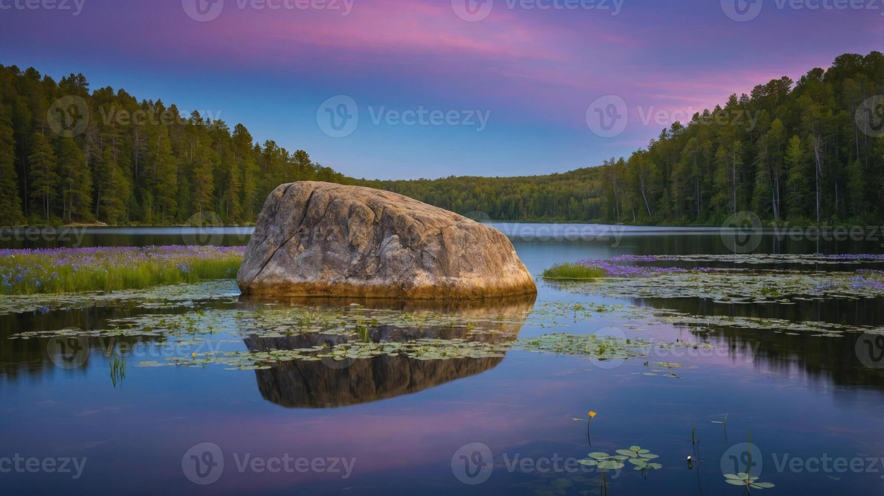 A serene lake scene featuring a large rock, surrounded by trees and reflecting the sky. photo