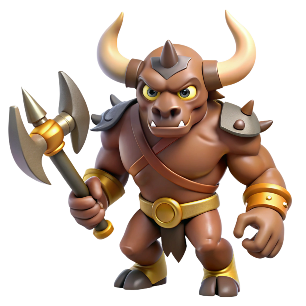 calm glorious A fearsome minotaur, holding a battle axe. NO BACKGROUND with Transparent Background. 8K png