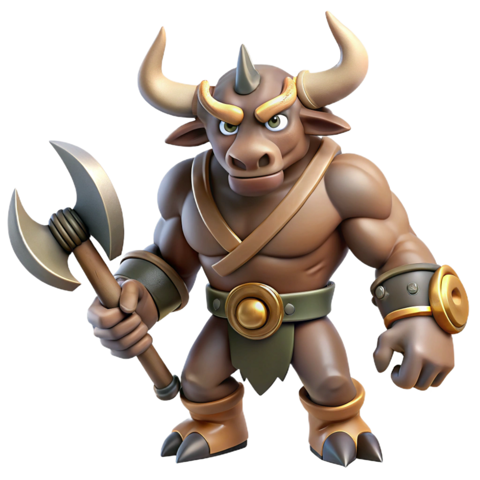 serene tranquil geometric A fearsome minotaur, holding a battle axe. NO BACKGROUND with Transparent Background. masterfully captured png