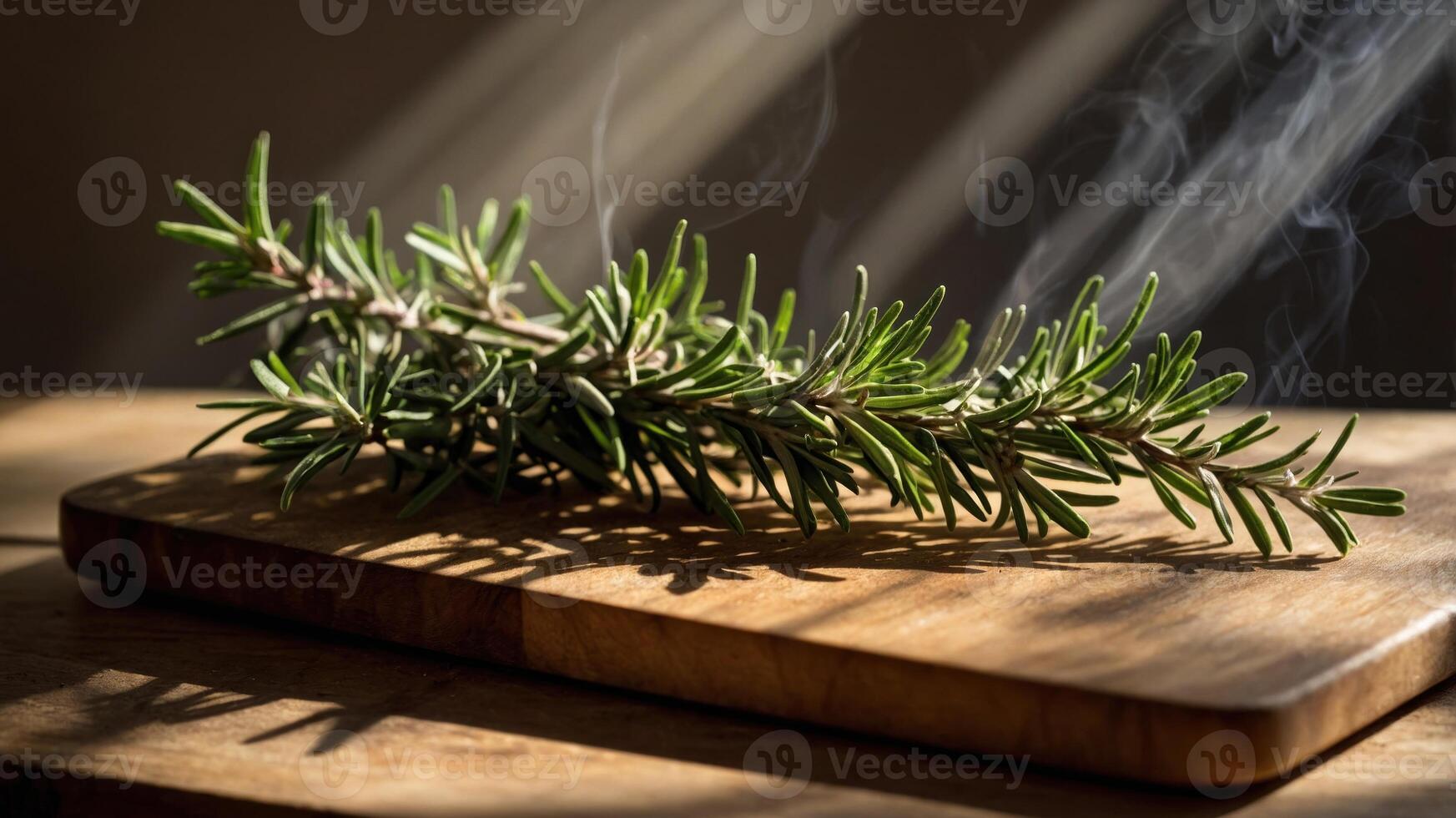 A sprig of rosemary on a wooden cutting board with smoke in the background. photo