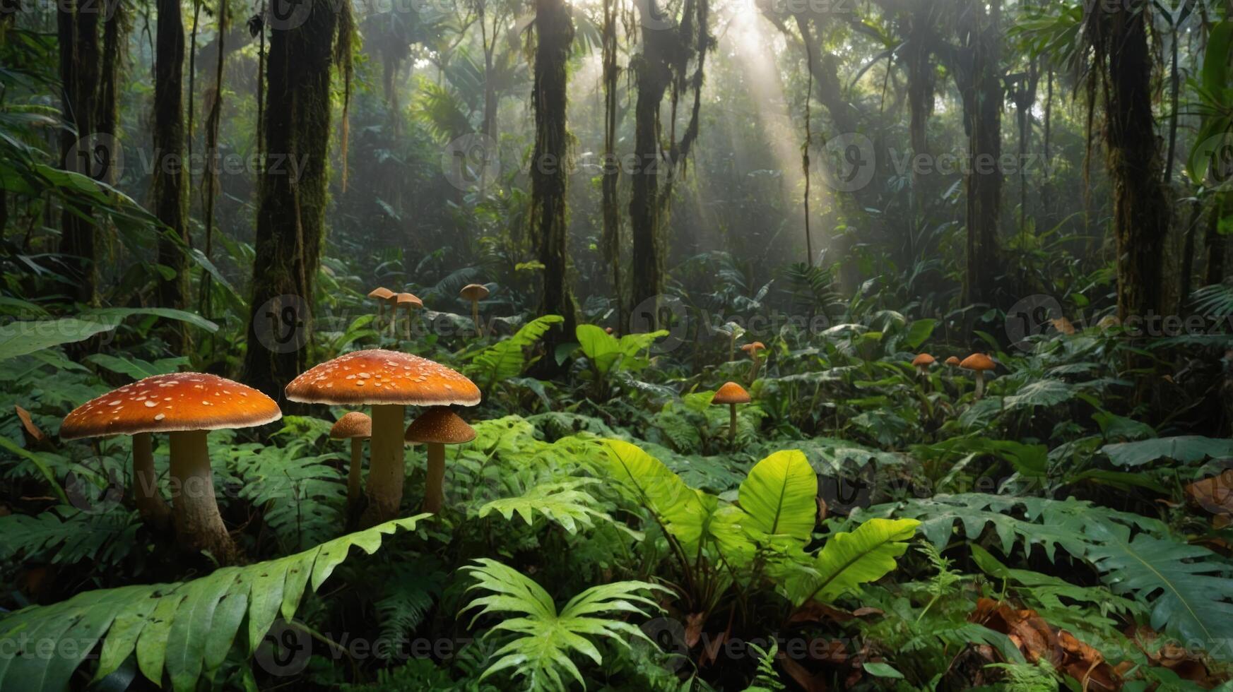 A serene forest scene featuring vibrant mushrooms amidst lush greenery and soft sunlight. photo