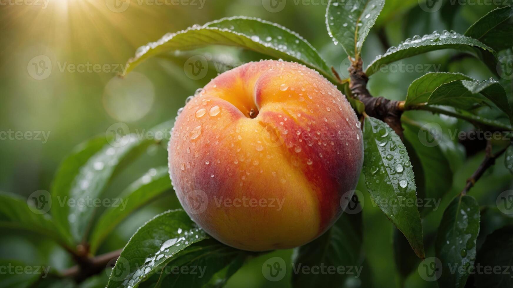 A close-up of a peach on a tree, glistening with water droplets in natural light. photo