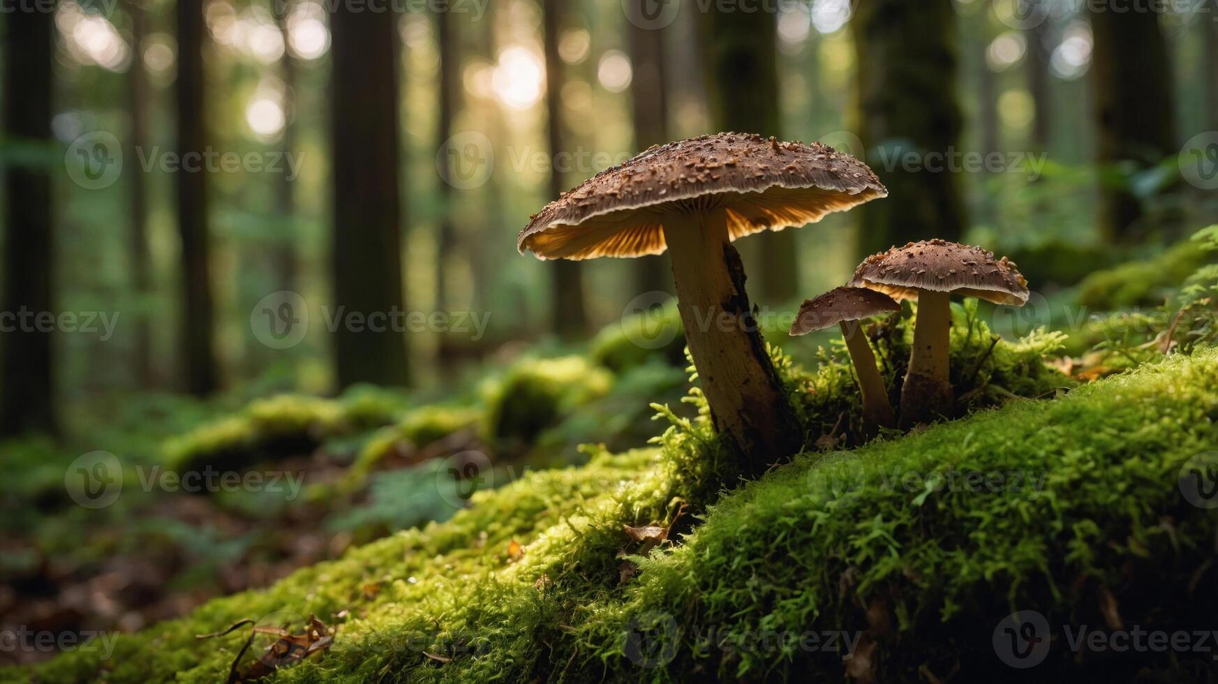 A serene forest scene featuring mushrooms growing on mossy ground, illuminated by soft sunlight. photo