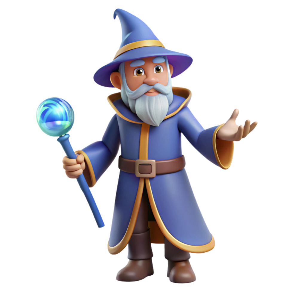 dramatic glorious A stylized, cartoon-style wizard, casting a spell. NO BACKGROUND with Transparent Background. exclusive png
