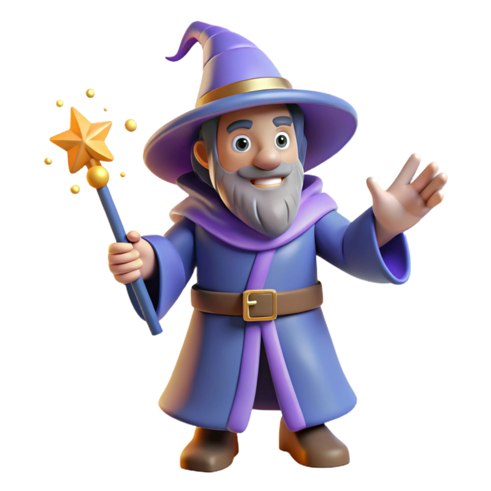 reflective wonderful A stylized, cartoon-style wizard, casting a spell. NO BACKGROUND with Transparent Background. top-tier png