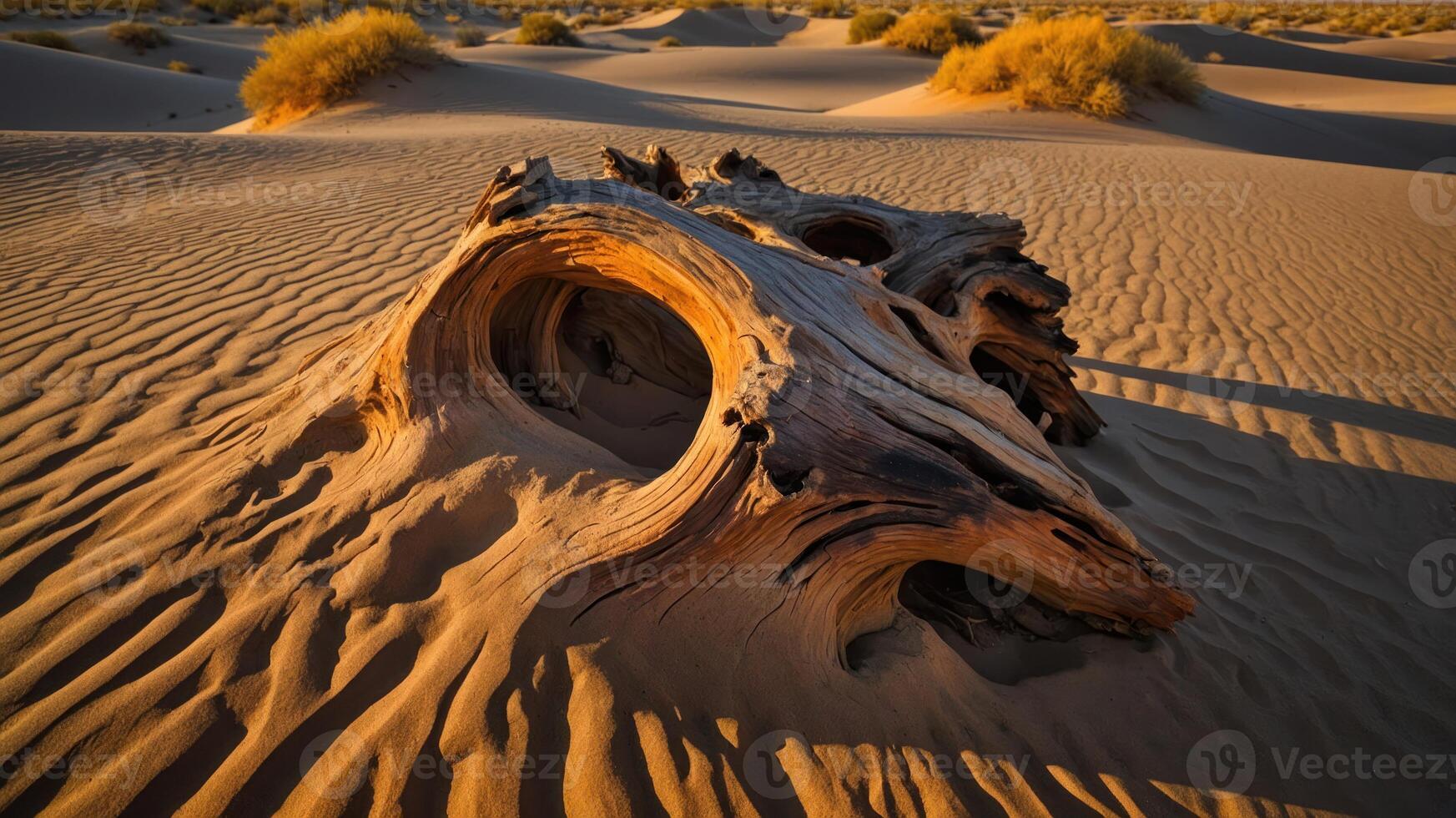 A weathered log partially buried in golden sand dunes under soft lighting. photo