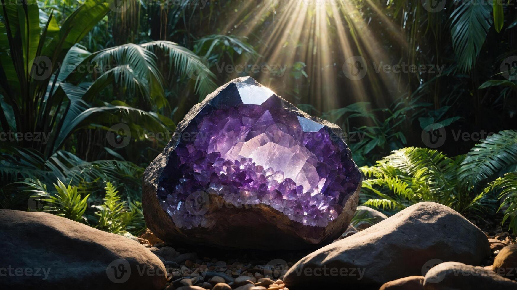 A large amethyst geode illuminated by sunlight in a lush, tropical setting. photo