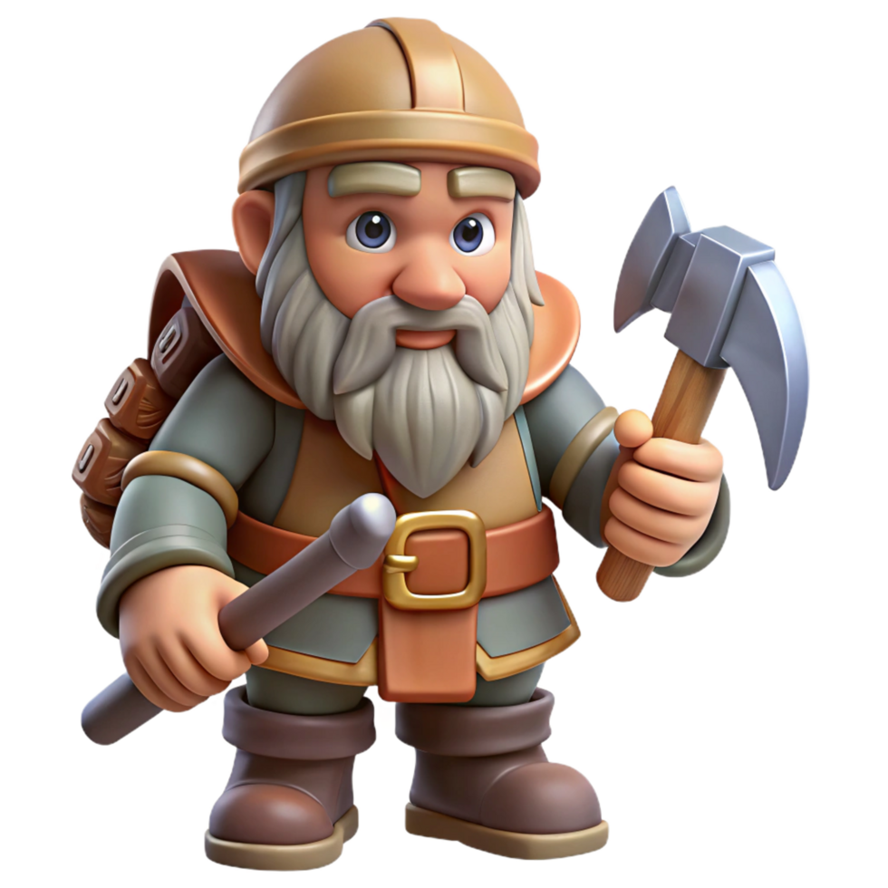 energetic enchanting A detailed, realistic rendering of a dwarf, holding a pickaxe. NO BACKGROUND with Transparent Background. 4K png