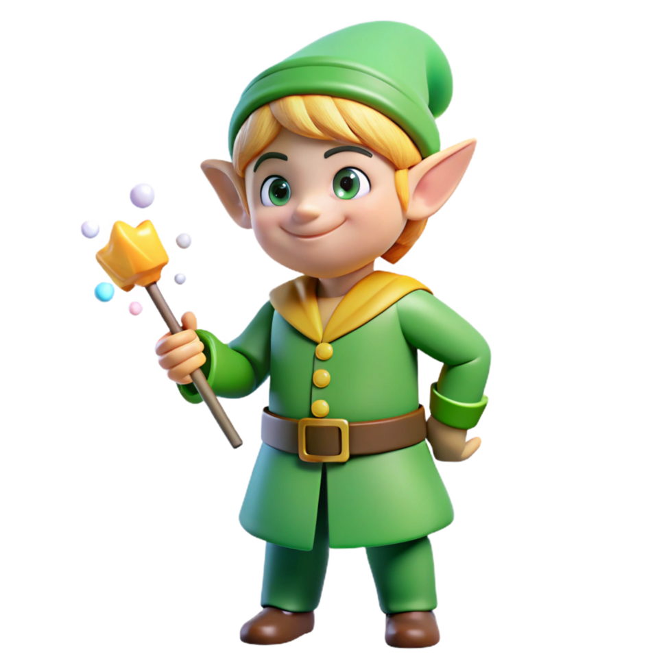 unparalleled impressionist A stylized, cartoon-style elf, holding a magic wand. NO BACKGROUND with Transparent Background. impeccable png