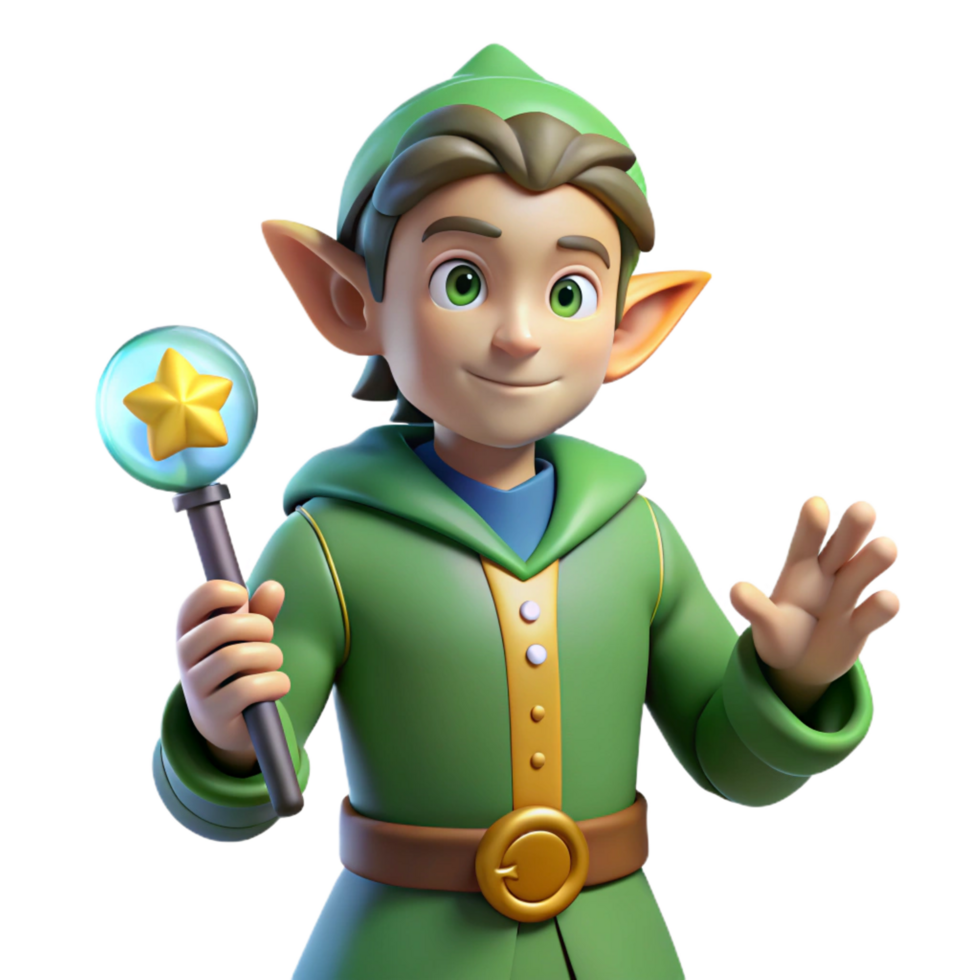wonderful tropical A stylized, cartoon-style elf, holding a magic wand. NO BACKGROUND with Transparent Background. high resolution png