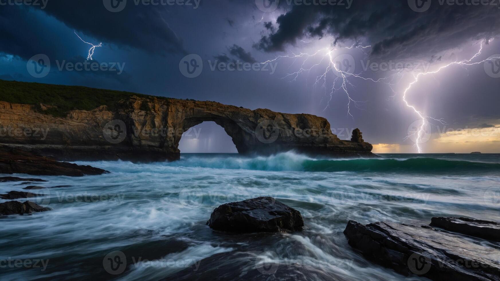 Dramatic seascape with lightning illuminating a natural rock arch and turbulent waves. photo