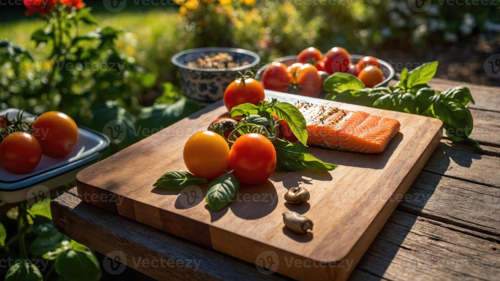 Fresh ingredients on a wooden board, featuring salmon, tomatoes, and basil in a garden setting. photo