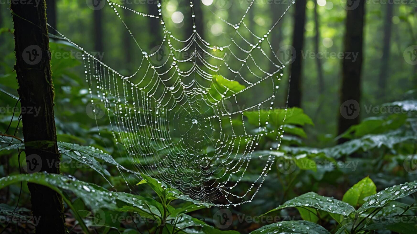 A spider web adorned with dew drops, illuminated by soft sunlight in a lush forest setting. photo