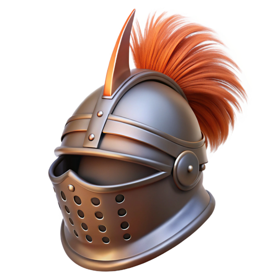 iconic retro A rusty knight's helmet with a plume, NO BACKGROUND with Transparent Background. sharp png