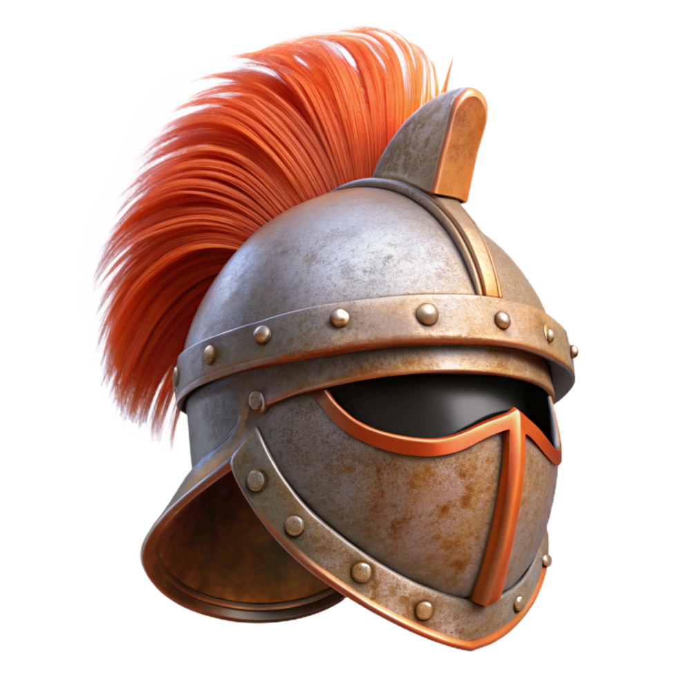 standout renaissance A rusty knight's helmet with a plume, NO BACKGROUND with Transparent Background. handcrafted png