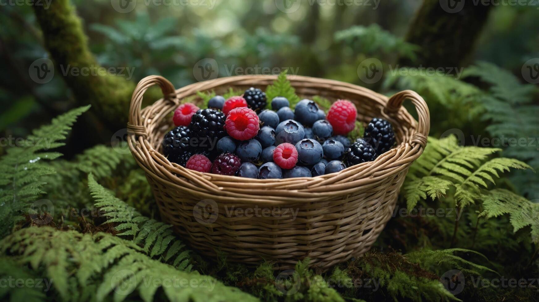 A woven basket filled with assorted berries on a bed of ferns in a forest setting. photo
