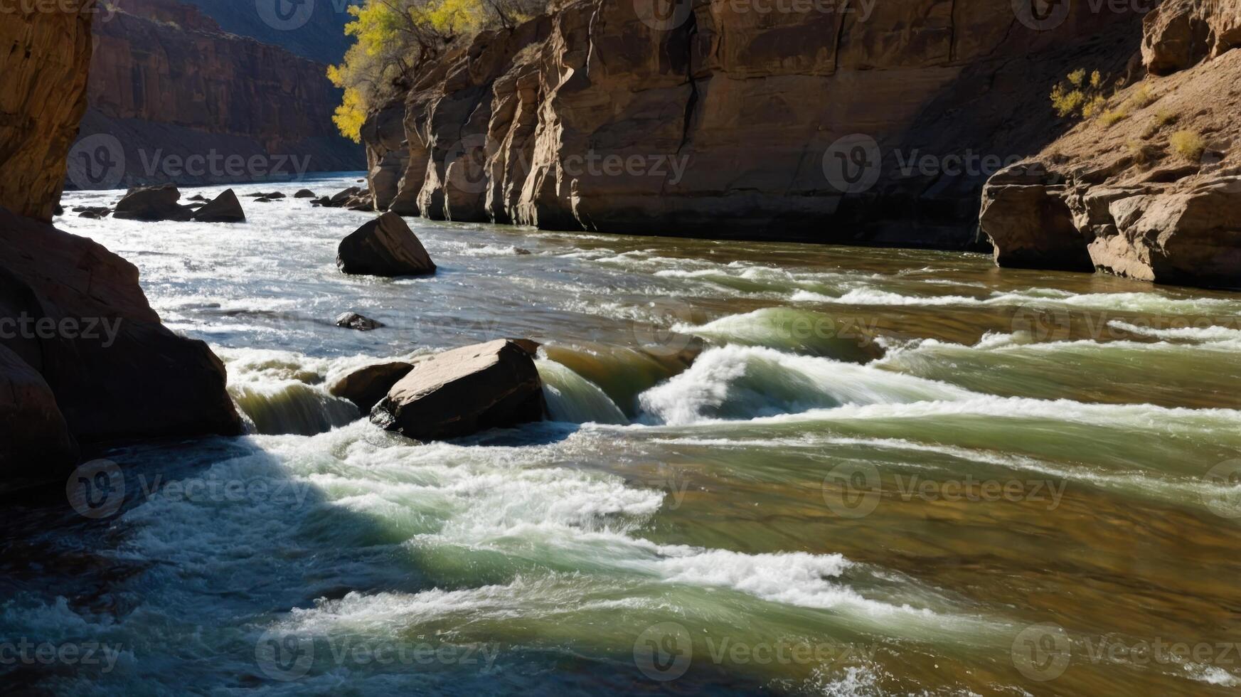 A serene river flows through rocky terrain, showcasing nature's beauty and tranquility. photo