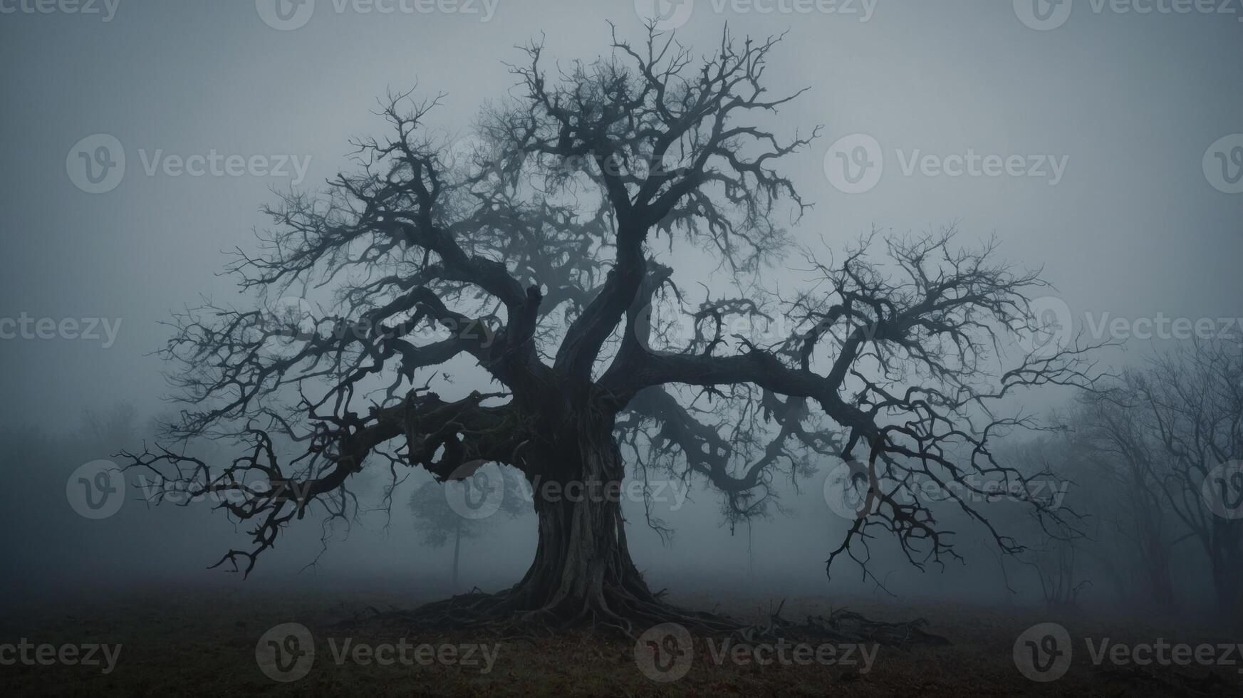 A haunting silhouette of a gnarled tree in a foggy landscape. photo