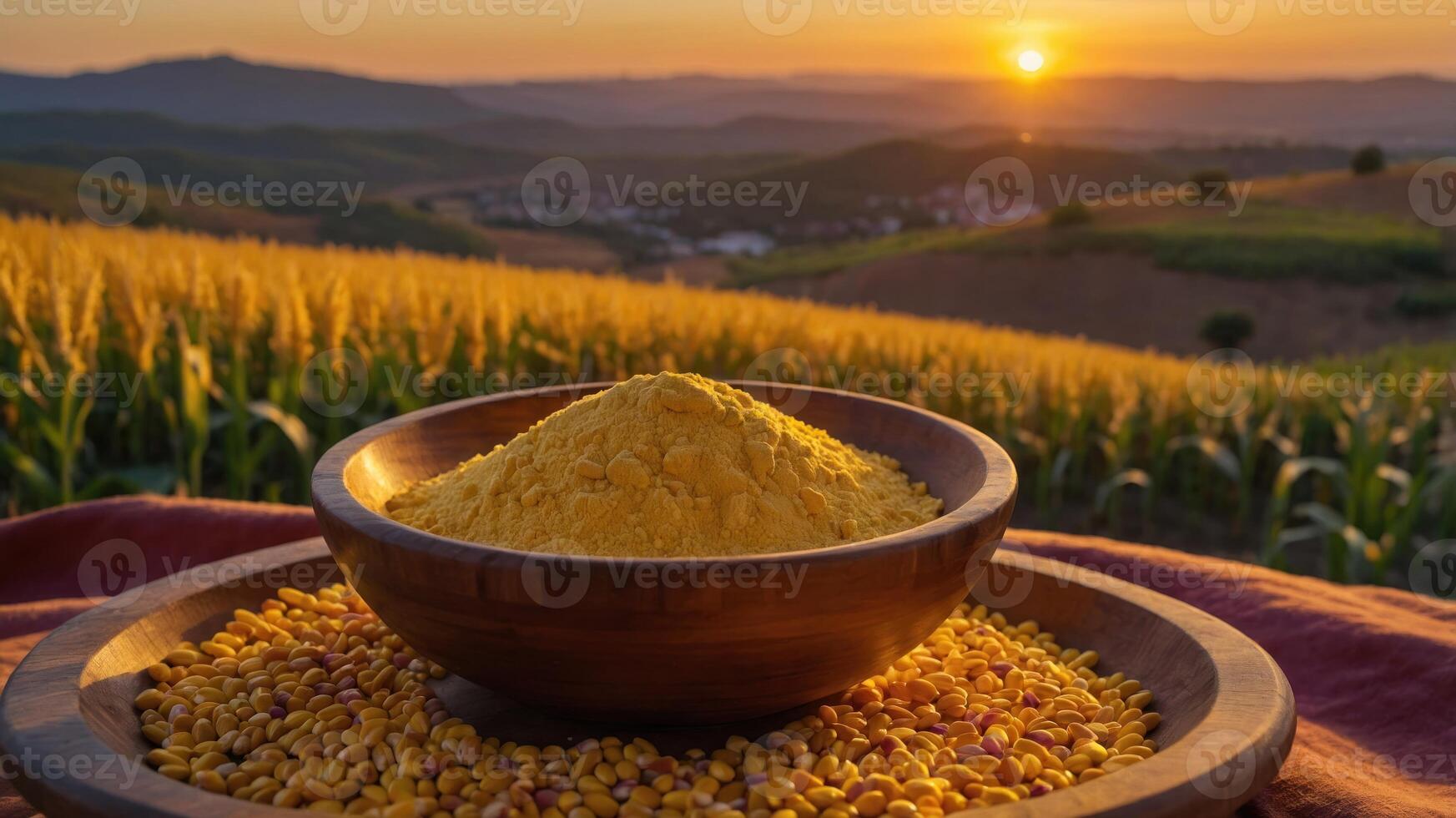 A bowl of yellow cornmeal sits on grains, with a sunset over rolling fields in the background. photo