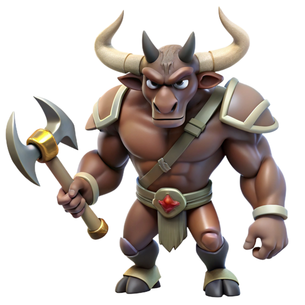 vibrant inspired A fierce minotaur with a double-headed axe, NO BACKGROUND with Transparent Background. png