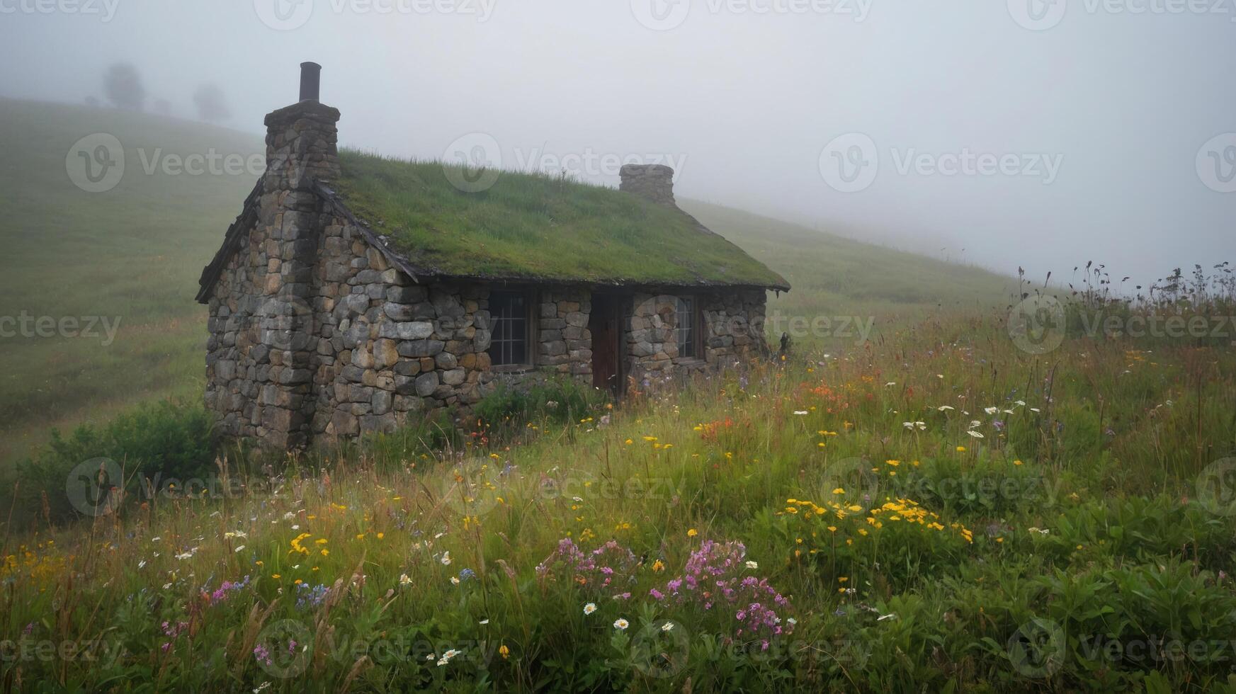 A rustic stone cottage with a grass roof surrounded by wildflowers in a misty landscape. photo