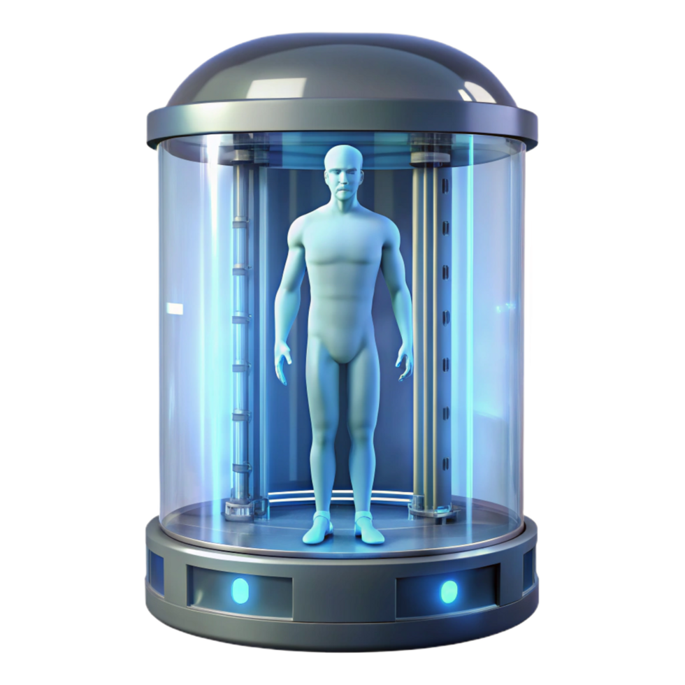 dramatic glorious Cryogenic chamber, transparent, futuristic design, human silhouette inside. NO BACKGROUND with Transparent Background. exclusive png
